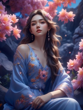 a close up of a person sitting on a rock near flowers, mandy jurgens 8 k 1 5 0 mpx, inspired by Mandy Jurgens, by Mandy Jurgens, style of charlie bowater, realistic anime 3 d style, charlie bowater art style, james jean soft light 4k, james jean soft light 4 k, cgsociety 9,chibi