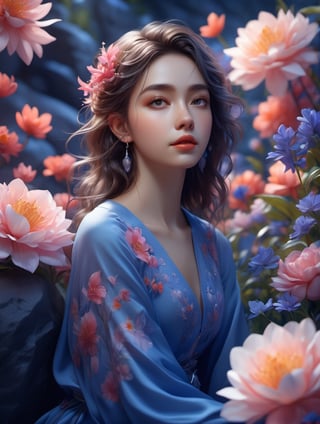 a close up of a person sitting on a rock near flowers, mandy jurgens 8 k 1 5 0 mpx, inspired by Mandy Jurgens, by Mandy Jurgens, style of charlie bowater, realistic anime 3 d style, charlie bowater art style, james jean soft light 4k, james jean soft light 4 k, cgsociety 9,chibi