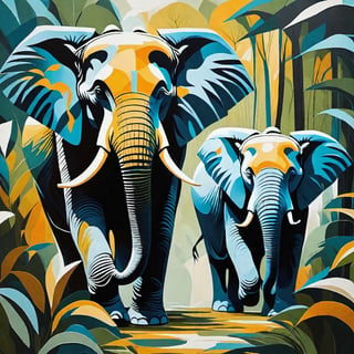 abstract style painting, elephants in jungle brush stalking hunter, leonardo Style,Leonardo Style