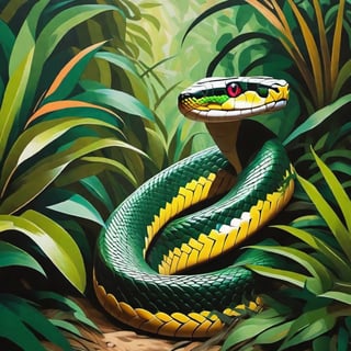 abstract style painting, anaconda snake in jungle brush stalking hunter, leonardo Style,Leonardo Style