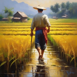 Palette knife oil painting , a farmer, in the rice field , sun , beautiful , ultra clear, beautiful , unreal engine 5 
