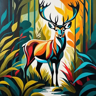 abstract style painting, deer in jungle brush stalking preydator,Leonardo Style