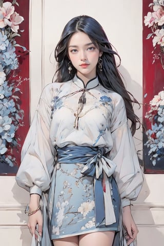 extreme detailed, (masterpiece), (top quality), (best quality), (official art), (beautiful and aesthetic:1.2), (stylish pose), (1 woman), (colorful), (burgundy-blue white theme: 1.5), ppcp, medium length skirt, 	looking into distance, long straight black hair, 
perfect,ChineseWatercolorPainting,Chromaspots,fairy,pastelbg,ink,NJI BEAUTY,red dress,adress2