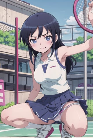 masterpeace, best quality, highres ,girl,solo,narrow_waist, thighs,perfect face,perfect light,breast,petite,seduce_body,

,boichi anime style.breasts,ayase aragaki,tsunsdere, Sexy, tennis mini skirt, ((lift skirt:1.2)), ((show white panty:1.4)), ((panty_shot:1.4)),  white tennis top,

tennis outfit,

tennis dress,squatting
,showing_armpits,arm_behind_back,eyes, seductive eyes, seductive smile, seductive pose, looking at the viewer, sexy 
