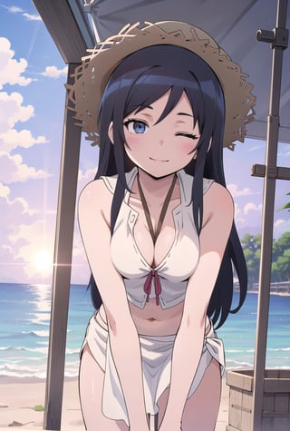 masterpeace, best quality, highres ,girl,solo,narrow_waist, thighs,perfect face,flirty,upper_body,perfect light,

,boichi anime style.breasts,ayase aragaki, ,undressing,stripping,breasts_exposed,crouching ,sexy poses,black bikini, not see through white sarong, white skirt, petite, standing, beach, sunset, smile, straw hat, big smile, eyes closed, eye smile, bend forward


