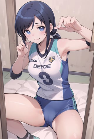 masterpeace, best quality, highres ,girl,solo,narrow_waist, thighs,perfect face,spread_legs,flirty,charming,perfect light.

boichi anime style.breasts,ayase aragaki, volleyball uniform,heavy_breathing,smile. from_above , side_ponytail,  mirror, smile, selfie with mobile, perfect eyes, seductive eyes, seductive smile, seductive pose, looking at the viewer, sexy poses',1 girl,