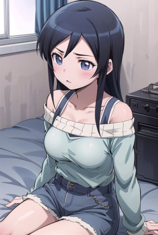 masterpeace, best quality, highres ,girl,solo,narrow_waist, thighs,perfect face,perfect light,breast,

,boichi anime style.breasts,ayase aragaki,off shoulder sitting, ,Pokies,tight sweater,no bra,perfect
