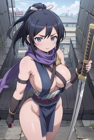 masterpeace, best quality, highres ,girl,solo,narrow_waist, thighs,perfect face,perfect light,

,boichi anime style.breasts,ayase aragaki, ((ninja outfit, sideboob, scarf, sash, (single pauldron:1.1), single gauntlet, gloves, pelvic curtain)), long_ponytail, (large breasts, large ass, thick thighs, wide hips, abs, voloptuous), battle stance, holding weapon, katanas,from above