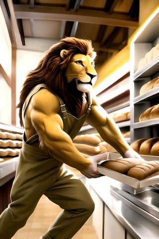 (best quality, high quality):1.3, a antho-lion man wearing coverall buy bread at the bakery, symmetric lion head face, realistic fur and mane with dynamic movement, dynamic view, colorful, very clear, very smooth, indoors, absurdres, intricate, real life, perfect lionman anatomy, accurate paws and tail, 