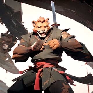 (best quality, high quality):1.3, a antho-lion man wearing male  outfit fighting bravely, holds weapon, solo, realistic hold katana movement, symmetric lion head face, realistic very intricate beautiful detailed fur and mane with dynamic movement, dynamic view, colorful, very clear, very smooth, indoors, absurdres, intricate, real life, perfect lionman anatomy, accurate paws and tail, cinestill,weapon , meowscles