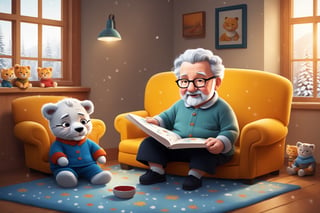 what a cozy scene of granpa mister anthropo lionman as a granpa wearing cute pajama sit on a comfy colorful sofa:0.3 and reading a cute childbook:0.4 to his grandchildren lioncubs wearing children fluffy clothes sit on the beautiful carpet around him to hear the story:0.5, inside, adorned cute fireplace with cute photos standing above illuminates the scene:0.3, exceptional lion and lioncub anatomy, very cute composition, they wear cozy cute winter clothes, granpa wears glasses too, cozy family together style, colorful and warm, we can see snow falling throw the cute window,Movie Still,3d figure