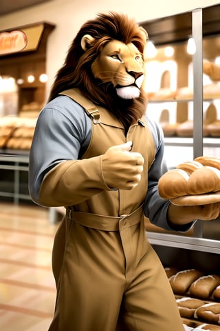 (best quality, high quality):1.3, a antho-lion man wearing coverall buy bread at the bakery, symmetric lion head face, realistic fur and mane with dynamic movement, dynamic view, colorful, very clear, very smooth, indoors, absurdres, intricate, real life, perfect lionman anatomy, accurate paws and tail, 