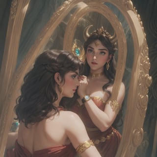 Ariadne (holds a mirror and watch her own face in the mirror:1.4) has her line cut inside the Minotaur maze:0.4, and she couldn't care less:0.2, for the only thing she wants is to admire her beautiful face and flawless skin in the pocked mirror:1.33, (holds a mirror, watches her face in the mirror):1.18, that she always brings with her. reaslitic mirror reflection of her face in accurate angle:1.22, real and reflected faces are very visible at viewer:1.15, dark fantasy, chiaroscuro but colorful, dramatic colors, mythological maze, awe and beauty, gods watch from sky, realistic holding a mirror movement, realistic admiring herself in the mirror movement, complex scene featuring Ariadne looking herself in the mirror with the minotaur maze around her and very farther the face of some powerful gods looking at her from the clouds masterpiece, ,photo r3al,Movie Still,Film Still,ColorART,Cinematic,Cinematic Shot,Cinematic Lighting