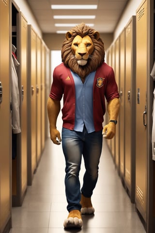 Top Anthro-Lionman wearing male college clothes walking in the lockerroom corridor, human love him, best quality, creative, best handsome cute lion, best lion anatomy, very well formed pawns and tail and mane, very symmetric male lion head, ultra resolution, very detailed, real life, new, newest, fun, 🦁 