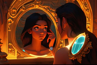 Ariadne (holds a mirror and watch her own face in the mirror:1.4) has her line cut inside the Minotaur maze:0.4, and she couldn't care less:0.2, for the only thing she wants is to admire her beautiful face and flawless skin in the pocked mirror:1.33, (holds a mirror, watches her face in the mirror):1.18, that she always brings with her. reaslitic mirror reflection of her face in accurate angle:1.22, real and reflected faces are very visible at viewer:1.15, dark fantasy, chiaroscuro but colorful, dramatic colors, mythological maze, awe and beauty, gods watch from sky, realistic holding a mirror movement, realistic admiring herself in the mirror movement, complex scene featuring Ariadne looking herself in the mirror with the minotaur maze around her and very farther the face of some powerful gods looking at her from the clouds masterpiece, ,photo r3al,Movie Still,Film Still,ColorART,Cinematic,Cinematic Shot,Cinematic Lighting,colorful,RING