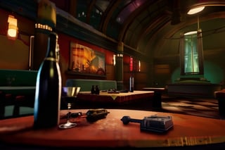 a bottle of wine and a remote control on a table , weapon, indoors, gun, a male splicer trying to break an Adam machine:1.4, table, bottle, scenery , cinematic from Bioshock game series, art deco, seedy, submarine, Rapture, 