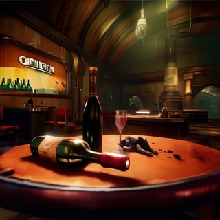a bottle of wine and a remote control on a table , weapon, indoors, gun, a male splicer trying to break an Adam machine, table, bottle, scenery , cinematic from Bioshock game series, art deco, seedy, submarine, Rapture, 