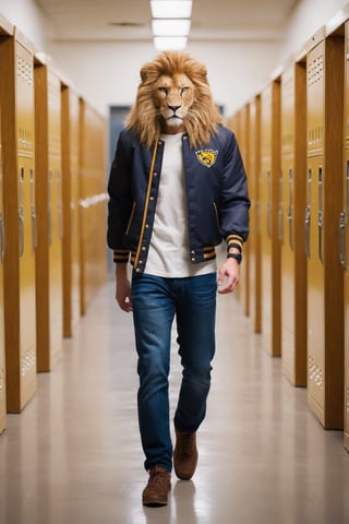 Top Anthro-Lionman wearing male college jacket clothes walking in the lockerroom corridor, human love him, best quality, creative, best handsome cute lion, best lion anatomy, very well formed pawns and tail and mane, very symmetric male lion head, ultra resolution, very detailed, real life, new, newest, fun, 🦁 composition, we love 🦁, roar!, meow!