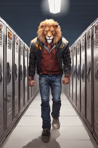 Top Anthro-Lionman wearing male college jacket clothes walking in the lockerroom corridor, human love him, best quality, creative, best handsome cute lion, best lion anatomy, very well formed pawns and tail and mane, very symmetric male lion head, ultra resolution, very detailed, real life, new, newest, fun, 🦁 composition, we love 🦁, roar!, meow!