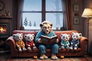 what a cozy scene of granpa mister anthropo lionman as a granpa wearing cute pajama sit on a comfy colorful sofa:0.3 and reading a cute childbook:0.4 to his grandchildren lioncubs wearing children fluffy clothes sit on the beautiful carpet around him to hear the story:0.5, inside, adorned cute fireplace with cute photos standing above illuminates the scene:0.3, exceptional lion and lioncub anatomy, very cute composition, they wear cozy cute winter clothes, granpa wears glasses too, cozy family together style, colorful and warm, we can see snow falling throw the cute window,Movie Still,3d figure