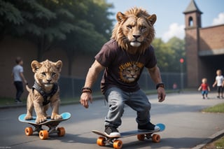 Top Anthro-Lionman wearing male skater clothes skateboarding at the punk park with lion cubs with their toys, we love you, best quality, creative, best handsome cute lion, best lion anatomy, very well formed pawns and tail and mane, very symmetric male lion head, ultra resolution, very detailed, real life, new, newest, fun, 🦁 composition, best lioncube cute outfit, depth of field, multi-layers of action, sunny day, best memories, we love 🦁, roar!, meow!