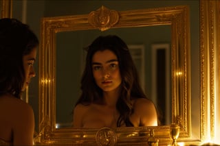 cinestill, Ariadne (holds a mirror and watch her own face in the mirror:1.4) has her line cut inside the Minotaur maze:0.4, and she couldn't care less:0.2, for the only thing she wants is to admire her beautiful face and flawless skin in the pocked mirror:1.33, (holds a mirror, watches her face in the mirror):1.18, that she always brings with her. reaslitic mirror reflection of her face in accurate angle:1.22, real and reflected faces are very visible at viewer:1.15, dark fantasy, chiaroscuro but colorful, dramatic colors, mythological maze, awe and beauty, gods watch from sky, realistic holding a mirror movement, realistic admiring herself in the mirror movement, complex scene featuring Ariadne looking herself in the mirror with the minotaur maze around her and very farther the face of some powerful gods looking at her from the clouds masterpiece, ,photo r3al,Movie Still,Film Still,ColorART,Cinematic,Cinematic Shot,Cinematic Lighting,colorful,RING