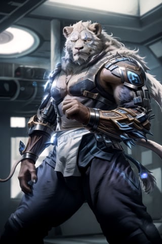(best quality, high quality):1.3, a antho-lion man wearing male scifi outfit fighting bravely, realistic combat pose:1.3, holds weapon, solo, realistic hold katana movement, symmetric lion head face, realistic fur and mane with dynamic movement, dynamic view, colorful, very clear, very smooth, indoors, absurdres, intricate, real life, perfect lionman anatomy, accurate paws and tail, cinestill, ,weapon,Volibear/(League of Legends),