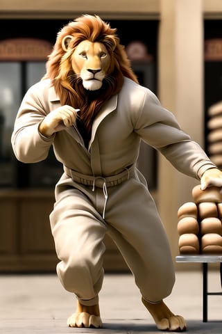 (best quality, high quality):1.3, a antho-lion man wearing coverall buy bread at the bakery, symmetric lion head face, realistic fur and mane with dynamic movement, dynamic view, colorful, very clear, very smooth, indoors, absurdres, intricate, real life, perfect lionman anatomy, accurate paws and tail, ,Epicrealism