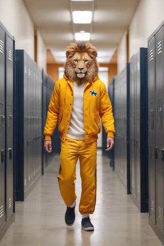 Top Anthro-Lionman wearing male college jacket clothes walking in the lockerroom corridor, human love him, best quality, creative, best handsome cute lion, best lion anatomy, very well formed pawns and tail and mane, very symmetric male lion head, ultra resolution, very detailed, real life, new, newest, fun, 🦁 composition, we love 🦁, roar!, meow!