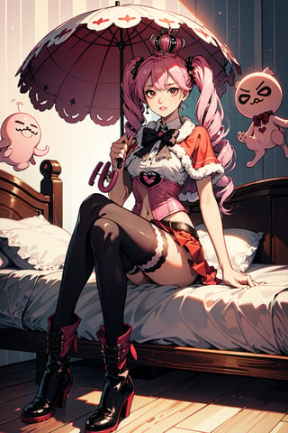 perona, 1girl, red capelet, pink bowtie, full body, floating, (thick eyelid) , red skirt, red parted lips,  (pink refined umbrella) , big breasts, twin drills, drill hair, long hair, pink military boots , twintails, smug, ((circular eyes, wide eyes)) , (black eyes:1.4)  , (bedroom background)) , (sit bed) , (white and black striped stockings) , sunnyday,  surrounded by ghosts , ghosts with cap ,  (masterpiece), high res, best quality , refined lighting, wearing mini pink and withe t-shirt