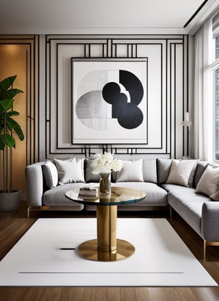 Living room, modern black and white mat under the table, large rectangle wooden table, 4 led lights on roof,art_deco_fusion, elegant pictures on the wall,interior, pearly color walls. vibrant colors. expensive things, a little golden colors designe