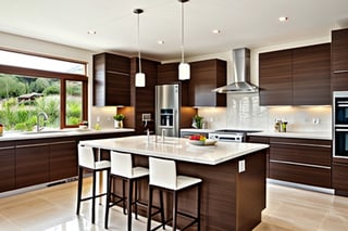  Small kitchen, white tile floor, pattern kitchen on the wall, modern led on ceiling.