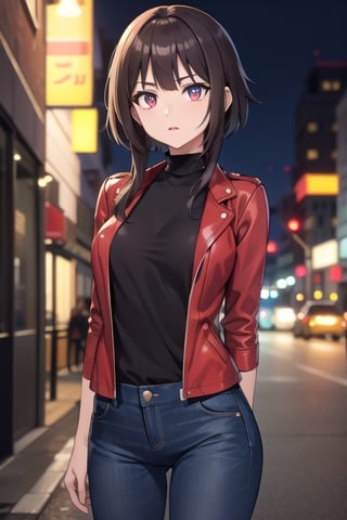 Megumin , short hair, short hair with long locks, crimson eyes, best quality, high resolution, unity 8k wallpaper, (illustration:0.8), (beautiful detailed eyes:1.6), extremely detailed face, perfect lighting, extremely detailed CG, (perfect hands, perfect anatomy), only one person, busty, at night, on a city street, black jeans, black turtleneck t-shirt, red leather jacket, city ​​at night, arms behind the back
