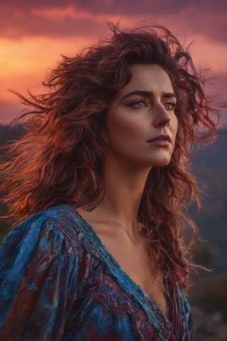 best quality, 4k, highres, masterpiece, ultra-detailed, realistic, HDR, woman, looking at the sky, sunset, outdoor dark red and blue and purple sky, messy hair, cleavage, dynamic angle,  facing the viewer,