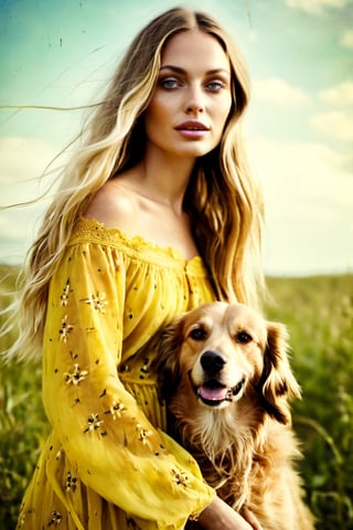 beautiful woman with long blonde hair,light blue eyes,A half-body shot, messy hair, Detailed skin, (hugging a dog),nature's elegance, yellow long flying dress, very detailed, romantic scene, Kodak Vision3 500T Film Stock Footage Style, faded film, desaturated, 35mm photo, grainy, vignette, vintage, Kodachrome, Lomography, stained, highly detailed, found footage, side view