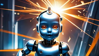 4k, masterpiece, (trendwhore style:1.4), ((head of a abstract cyborg baby)), head and body, stainless steel head, mecha pieces, robot parts, shattered reality, ((bursting light rays),   orange theme. sharp details. BREAK highest quality, detailed and intricate, original artwork, trendy, vector art, award-winning, artint, SFW, ,night city,DonMW15pXL