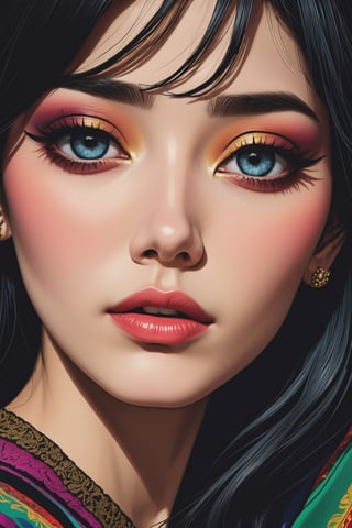 colorful illustration of a beautiful woman, highly detailed, deep darks, high contrast, masterpiece in the style of Tadanori Yokoo, 8k, UHD, masterpiece