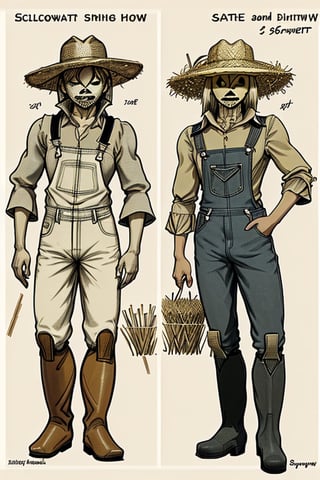 draft, outline, monochrome,  reference sheet, how to build a scarecrow with old overalls with holes, old clothing, tractor and cornfield. ((((Straw coming out of scarecrow boots and sleeves)))), checkered shirt, smoking a pipe, straw hat, whiskey bottle in pocket, vintage sewing machine, Carhartt