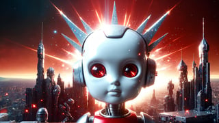 4k, masterpiece, ((space castle)), (trendwhore style:1.4), ((abstract cyborg babies)), head and body, stainless steel head, mecha pieces, robot parts, shattered reality, ((bursting light rays), exploding star rays,  red theme. cityscape background, artint, SFW, ,night city,DonMW15pXL,glitter,shiny,itacstl