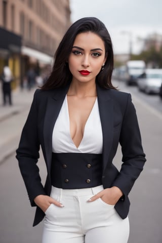 big breast, (Editorial Medium full body shot:1.2), (face in frame), (Best quality, 8k, 32k, Masterpiece, UHD:1.2), Medium body shot raw photography, medium body shot, Hyper realistic image of a young female lawyer's face with confident eyes, wearing an elegant black pantsuit with a white blouse, standing on a city street holding a leather briefcase, (RAW photo, extremely detailed ultra high quality masterpiece, detailed hands, detailed face, detailed eyes, detailed fingers:1.2), elegant makeup, red lipstick, high heels, tailored sexy lawyer outfit, seductive 