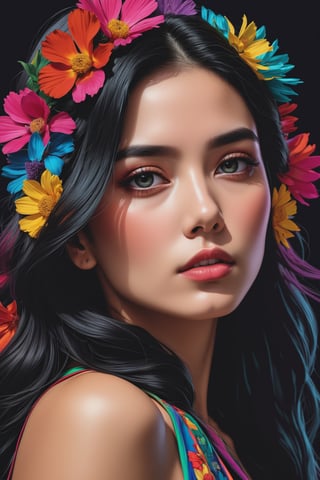 colorful illustration of a beautiful woman, highly detailed, deep darks, high contrast, masterpiece in the style of Tadanori Yokoo, 8k, UHD, masterpiece