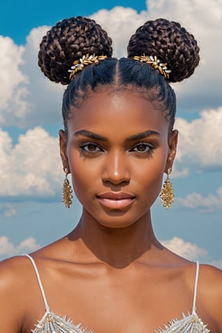 A radiant young woman of dark complexion captivates the viewer with her poised demeanor and self-assured gaze as she faces the camera. Her intricately coiled hair, a towering bun atop her head, is secured by an array of delicate hairpins, adorned further with small yet shimmering embellishments that gracefully follow the contour of her brows. Dressed in a lightweight yet textured garment, its frayed edges lending a casual-chic vibe, she exudes an aura of understated elegance. The backdrop, a serene skyscape, showcases a myriad of fluffy clouds, evoking the tranquility of an open-air setting. This captivating portrait is a testament to both her inner and outer beauty, as well as the skillful artistry in its composition.