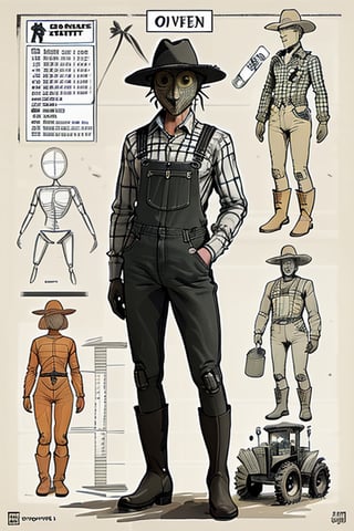 draft, outline, monochrome,  reference sheet, how to build a scarecrow with old overalls with holes, old clothing, tractor and cornfield. Straw coming out of scarecrow boots and sleeves, checkered shirt, smoking a pipe, whiskey bottle in pocket