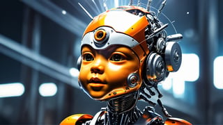4k, masterpiece, (trendwhore style:1.4), ((head of a abstract cyborg baby)), head and body, stainless steel head, mecha pieces, robot parts, shattered reality, ((bursting light rays),   orange theme. sharp details. BREAK highest quality, detailed and intricate, original artwork, trendy, vector art, award-winning, artint, SFW, ,night city,DonMW15pXL