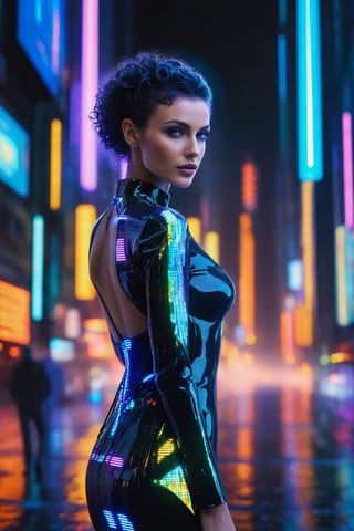 1girl, an exceptionally beautiful woman with partially integrated ((electronic face implants)), full body, flowing, black perm, iridescent gown hints at her organic grace, while subtle lines of embedded LEDs trace across her skin, casting a soft, mesmerizing glow, augmentation gracefully enhances her features, a mesmerizing depiction of a cyberpunk metropolis at dusk, where neon lights cascade in vibrant hues across towering skyscrapers, reflective rain-slicked streets exude an air of mystery, hovering holographic advertisements, urban chaotic future technology in stunning harmony, RAW photo, hd, dramatic lighting, Intricate, vibrant colors, highly detailed, centered, sharp focus, high quality, dramatic lighting, centered, sharp focus, film grain, f/4