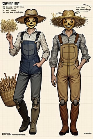 draft, outline, monochrome,  reference sheet, how to build a scarecrow with old overalls with holes, old clothing, tractor and cornfield. ((((Straw coming out of scarecrow boots and sleeves)))), checkered shirt, smoking a pipe, straw hat, whiskey bottle in pocket, vintage sewing machine, Carhartt
