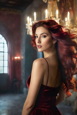 Generate hyper realistic image of a beautiful woman with hair resembling rich, velvety red licorice. Picture her standing in a dreamlike setting, surrounded by soft, ethereal lighting. The dreamy atmosphere enhances her beauty, creating a captivating scene that transports viewers to a Spanish castle.,itacstl