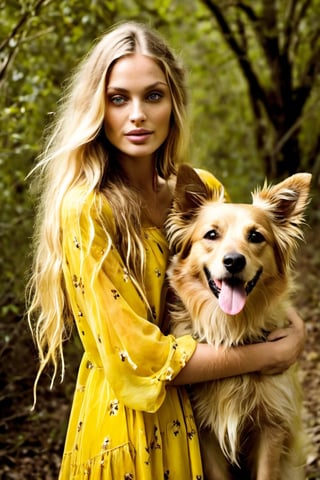 beautiful woman with long blonde hair,light blue eyes,A half-body shot, messy hair, Detailed skin, (hugging a dog),nature's elegance, yellow long flying dress, very detailed, romantic scene, Kodak Vision3 500T Film Stock Footage Style, faded film, desaturated, 35mm photo, grainy, vignette, vintage, Kodachrome, Lomography, stained, highly detailed, found footage, side view