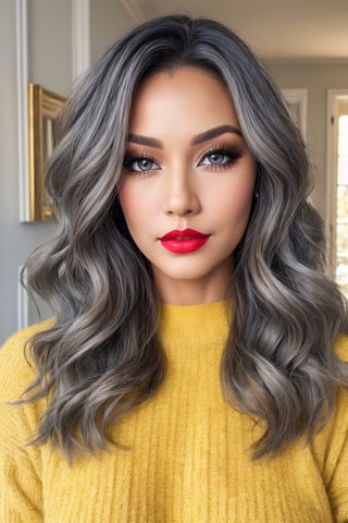 Create a realistic photo of beautiful big-breasted ((35 years old)), black woman facing the viewer. long brunette-gray wavy hair, stylish hair. blue eyes, long lashes , light red lips, light make up,. wearing yellow skin-tight sweater. mansion foyer