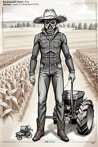 draft, outline, monochrome,  reference sheet, drawing a scarecrow with jeans and tractor and cornfield. 